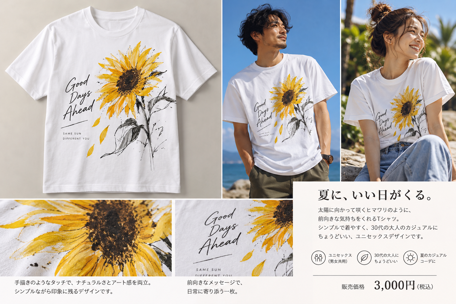 ChatGPTが生成したヒマワリモチーフの白Tシャツ
